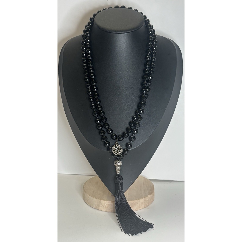 Long Black Glass Bead Necklace 40" Knotted Tassel Tree of Life Boho